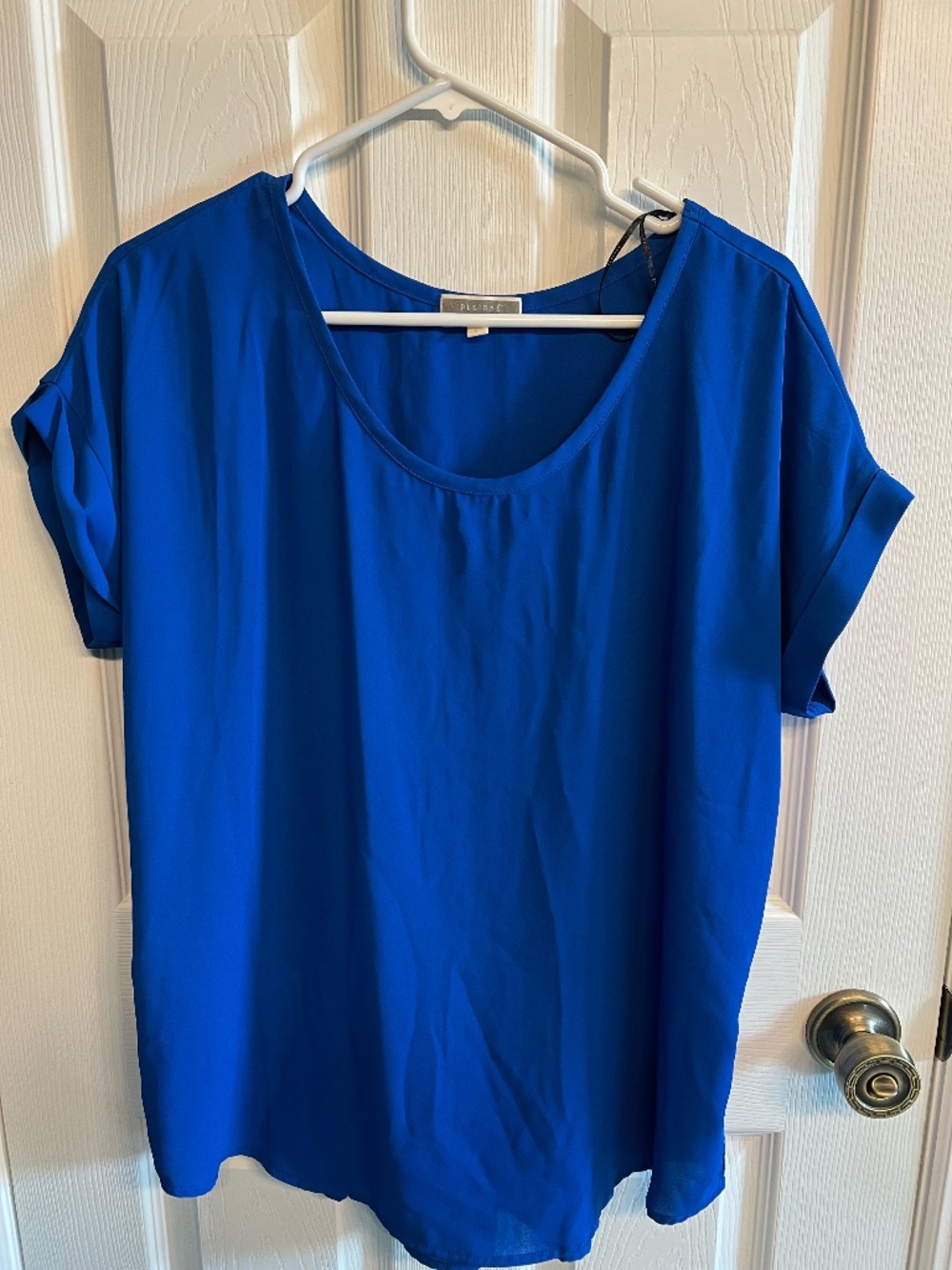 Blue Scoop Neck Cuffed Short Sleeve Blouse Size Large
